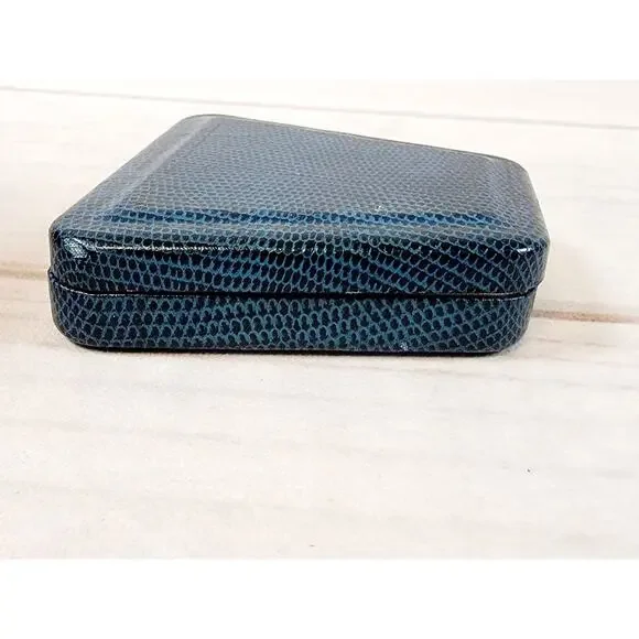 Vintage Jewelry Trinket Presentation Box Blue Metal Faux Snakeskin Velvet - Picture 12 of 14